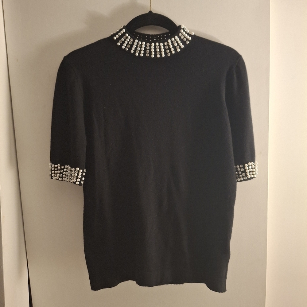 LIV Milano Elegant Black Short Sleeve Beaded Women's Sweater